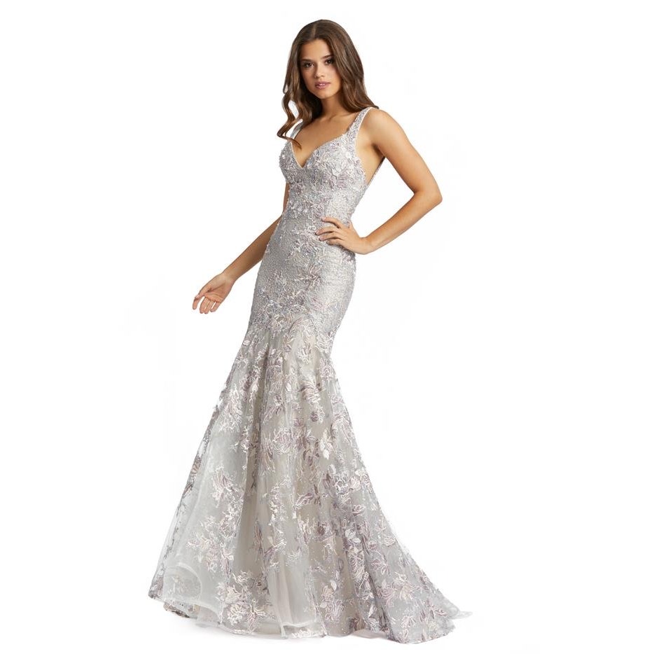 Mac Duggal 20146 Platinum Floral Embroidered V-Neck Mermaid Formal Gown Size 14